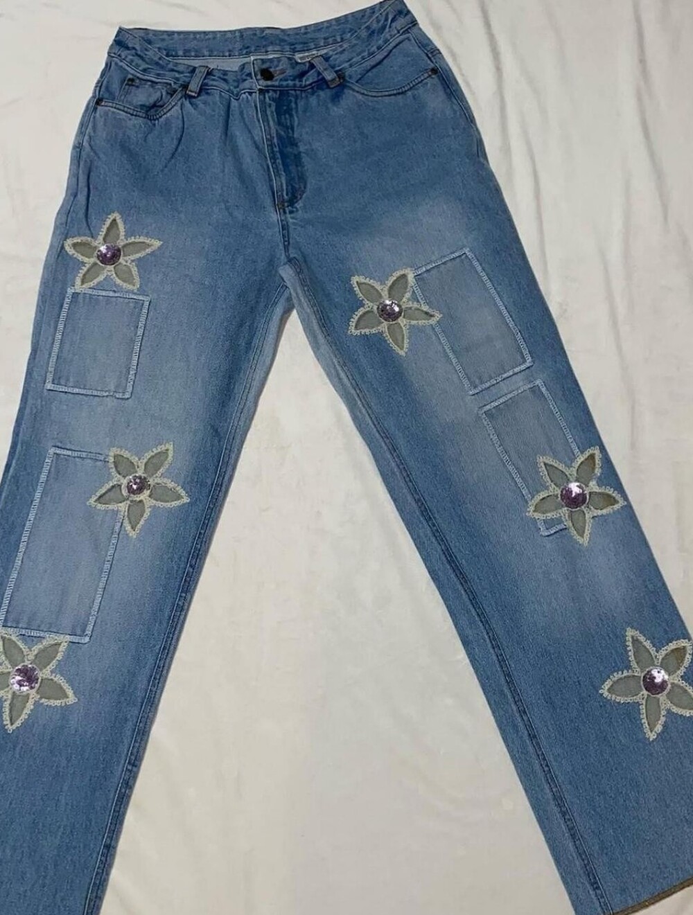 Newport News Blue Straight Leg Jeans with Flower Patch Accents